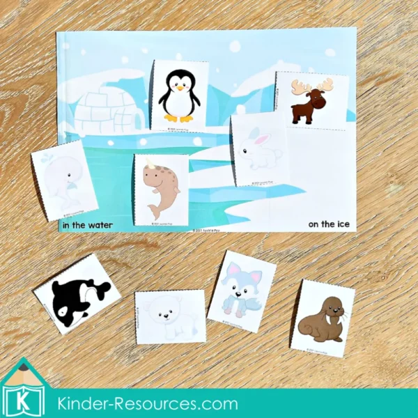 Polar Animals Printable Preschool Centers. Math activity - Sorting animals on the ice or in the water