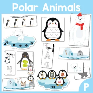 Polar Animals Preschool Centers and activities. Which picture is different | Pre-Writing tracing | Color matching | upper and lower case letter match | Alphabet tracing | Beginning sounds | Number tracing } Rhyming | Number sense | Word families | Shadow matching