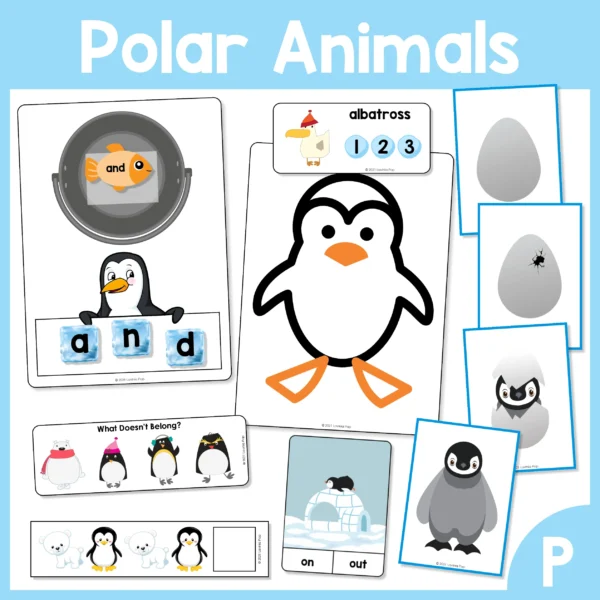 Polar Animals Preschool Centers and Activities. Sight words | What doesn't belong | AB pattern cards | Syllables } play dough mats } Prepositions | Sequencing