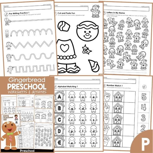 Gingerbread Preschool Worksheets & Activities. Pre-Writing | Cutting } Letters in My Name | Alphabet Matching | Number Match