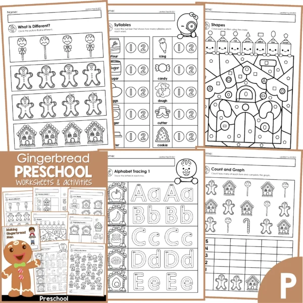 Gingerbread Preschool Worksheets & Activities. What is Different | Syllables | Shapes | Alphabet Tracing | Count and Graph