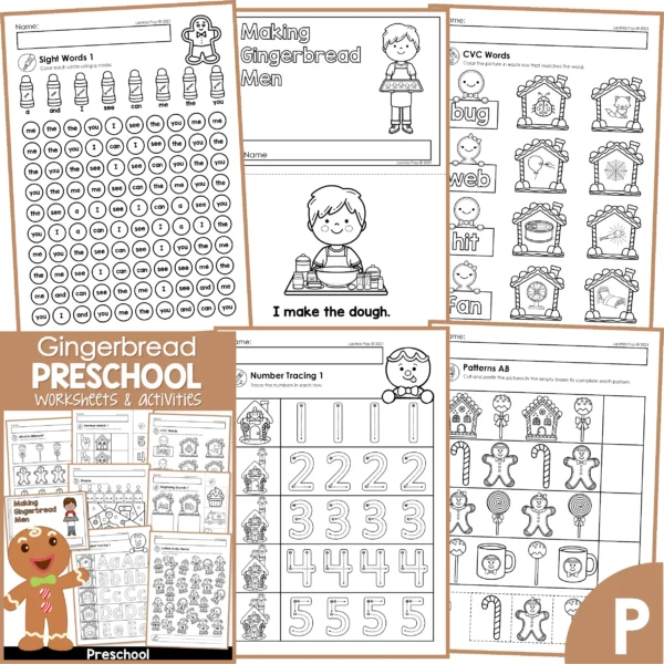 Gingerbread Preschool Worksheets & Activities. Sight Words | Reader | CVC Words | Number Tracing | Patterns