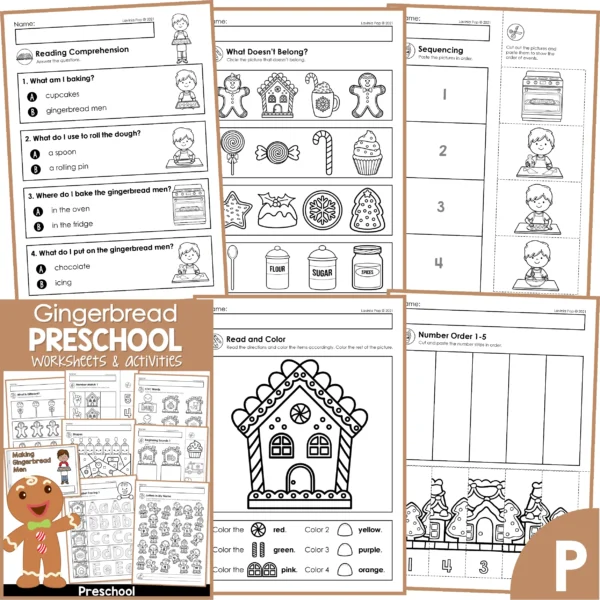 Gingerbread Preschool Worksheets & Activities. Reading Comprehension | What Doesn't Belong | Sequencing | Read and Color | Number Order