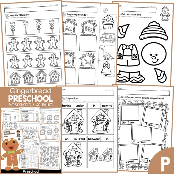 Gingerbread Preschool Worksheets & Activities. What is Different | Beginning Sounds | Cut and Paste | Prepositions | 5 Senses