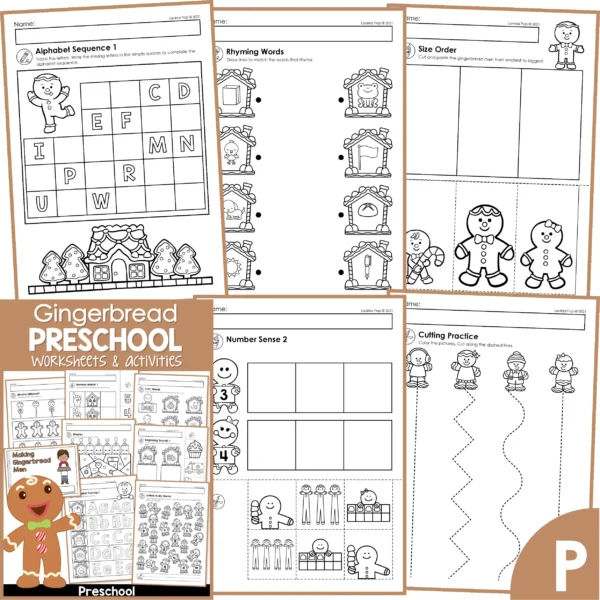 Gingerbread Preschool Worksheets & Activities. Alphabet Sequence | Rhyming Words | Size Order | Number Sense | Cutting Practice
