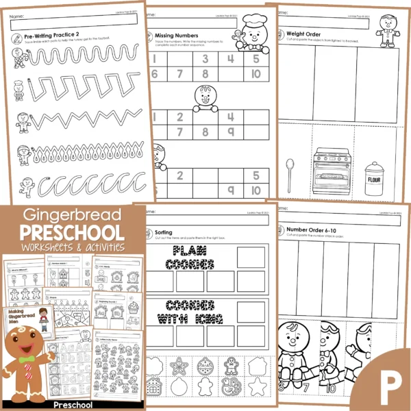 Gingerbread Preschool Worksheets & Activities. Pre-Writing | Missing Numbers | Weight Order | Sorting | Number Order