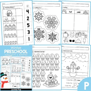 Winter Preschool Worksheets & Activities. Number Match | Cutting Fun | Sorting | Alphabet Tracing | Read and Color