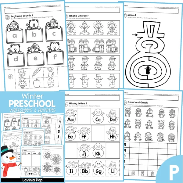 Winter Preschool Worksheets & Activities. Beginning Sounds | What is Different? | Maze | Missing Letters | Count and Graph