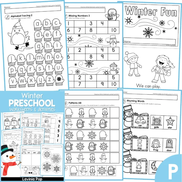 Winter Preschool Worksheets & Activities. Alphabet Tracing | Missing Numbers | Emergent Reader | Patterns AB | Rhyming Words