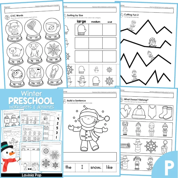 Winter Preschool Worksheets & Activities. CVC Words | Sorting by Size | Cutting Fun | Build a Sentence | What Doesn't Belong?