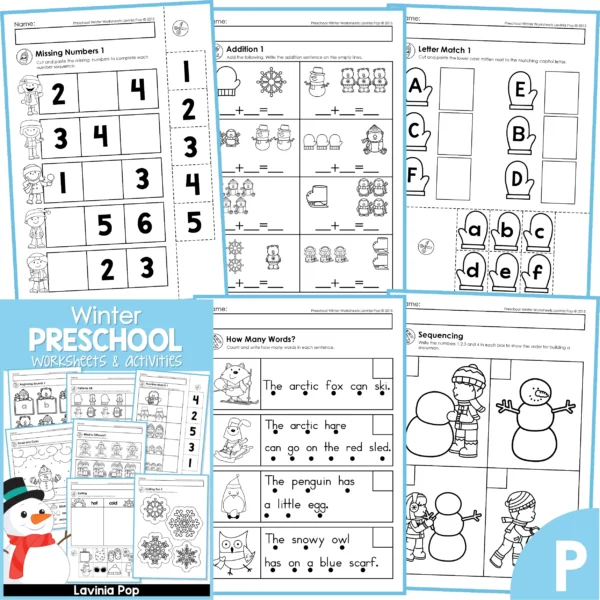 Winter Preschool Worksheets & Activities. Missing Numbers | Addition | Letter Match | How Many Words? | Sequencing