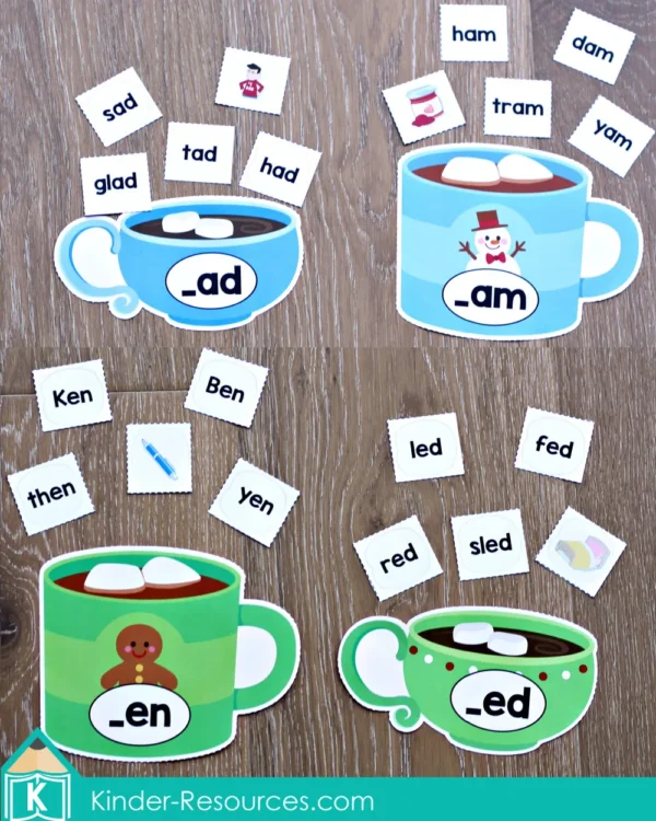 Printable Winter Literacy Kindergarten Centers Hot Chocolate Word Family Sorting