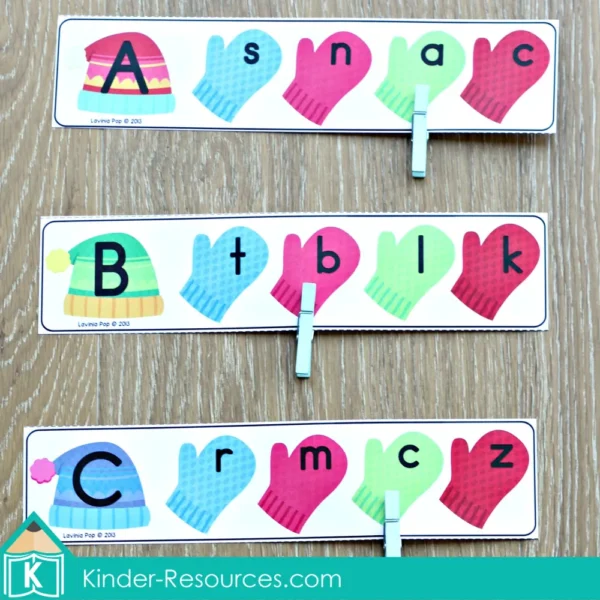 Printable Winter Literacy Kindergarten Centers Upper and Lower Case Letter Match Clip Cards