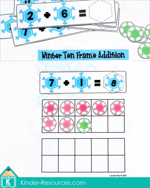 Winter Kindergarten Math Center Activities. Snowflake Ten Frame Addition