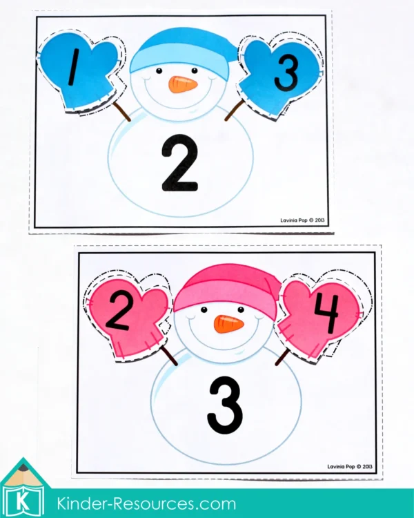 Winter Kindergarten Math Center Activities. Snowman Mittens Numbers Before and After