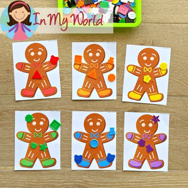 22 Gingerbread Center Activities for Preschool | Morning Tubs | Bins. Sorting buttons to gingerbread men by color.