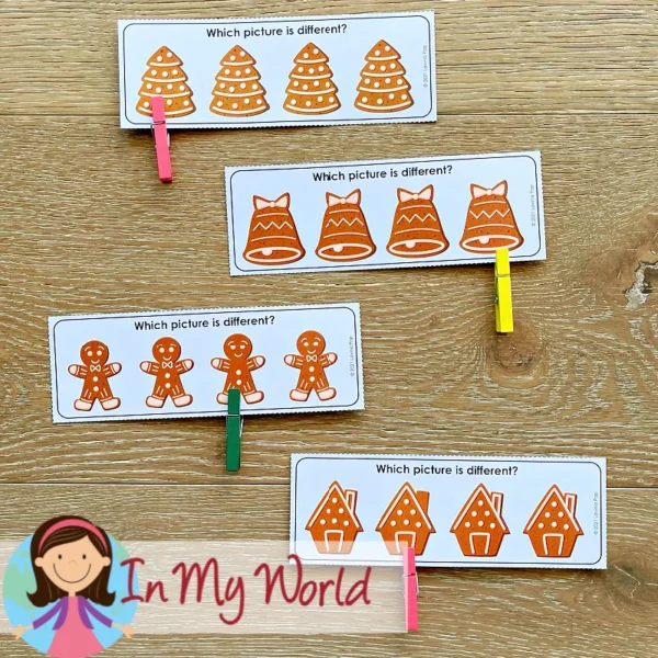 22 Gingerbread Center Activities for Preschool | Morning Tubs | Bins. Which picture is different?