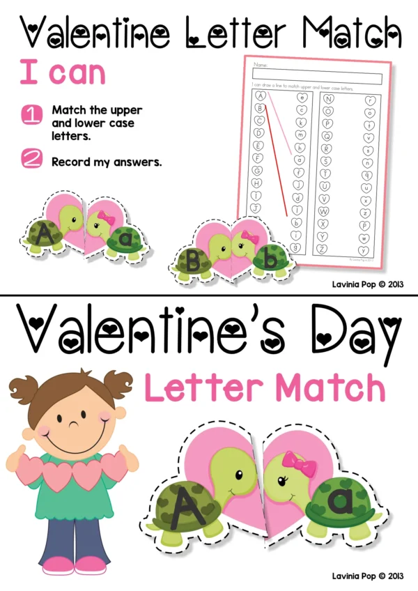 FREE Printable Alphabet Activity for Valentine's Day: Valentine Turtles Upper and Lower Case Letter Match