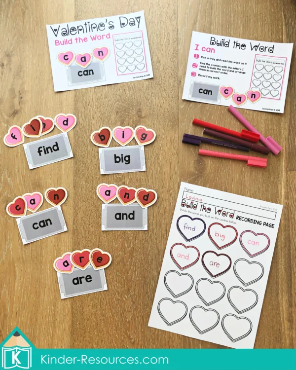 Printable Sight Word Activity for Valentine's Day. Spelling center with recording page