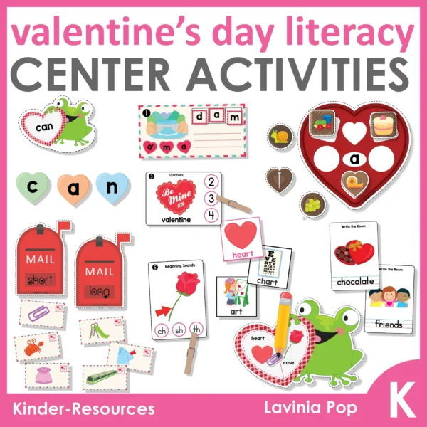 Valentine's Day Kindergarten Literacy Centers | 8 printable center activities