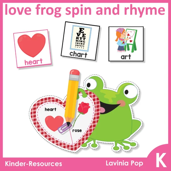 Valentine's Day Kindergarten Literacy Centers | Love frog spin and rhyme