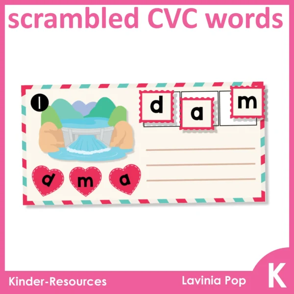 Valentine's Day Kindergarten Literacy Centers | unscramble the CVC words