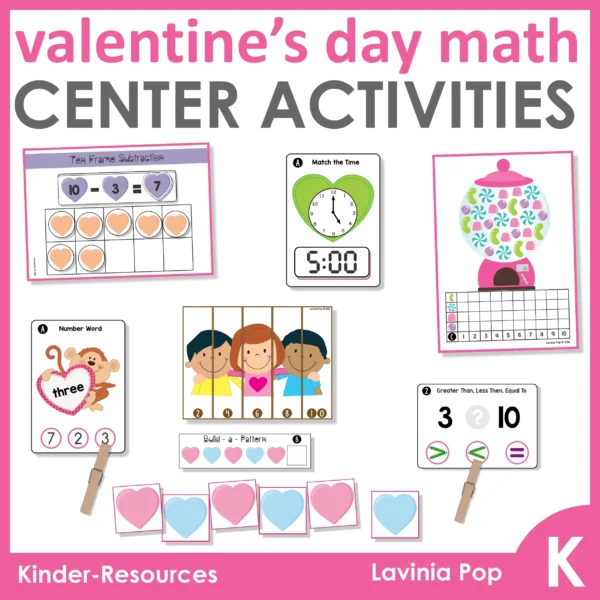 Valentine's Day Kindergarten Math Centers | 11 printable center activities