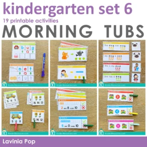 Kindergarten Morning Tubs | Bins Set 6. 19 printable math and literacy activities.