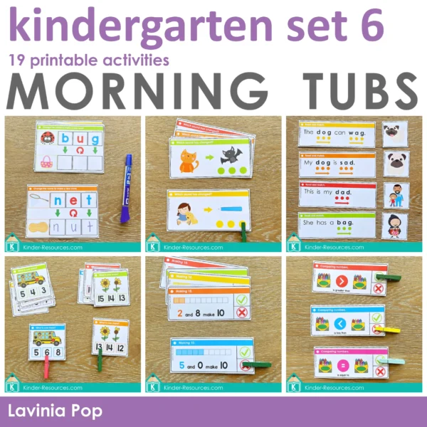 Kindergarten Morning Tubs | Bins Set 6. 19 printable math and literacy activities.