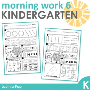 Kindergarten Morning Work Set 6. This set focuses on: tracing letters and numbers, sight words, CVC words families, 3D shapes