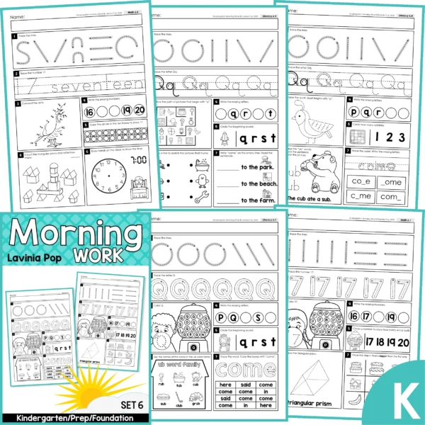 Kindergarten Morning Work Set 6. This set focuses on: tracing letters and numbers, sight words, CVC words families, 3D shapes