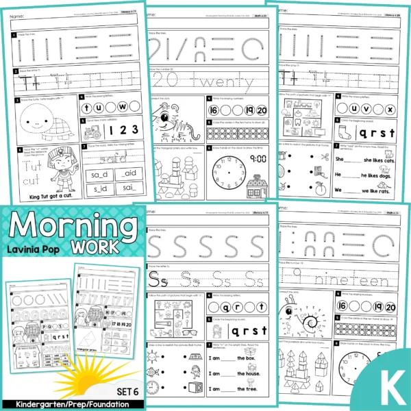 Kindergarten Morning Work Set 6. This set focuses on: tracing letters and numbers, sight words, CVC words families, 3D shapes