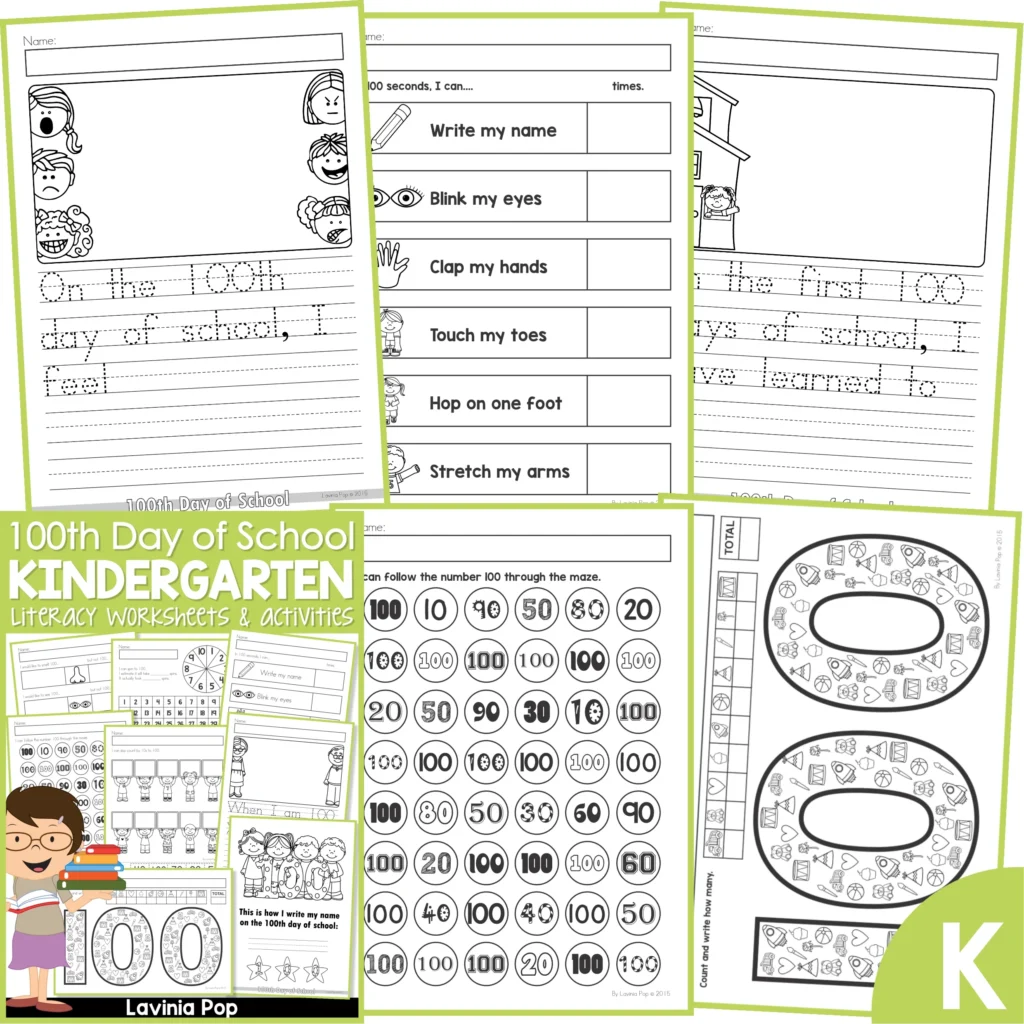 FREE 100th Day of School Worksheets and Activities. On the 100th day of school I feel... In the first 100 days of school I have learned to... writing prompts | Identifying 100 | Counting 100 objects | How many times in 100 seconds