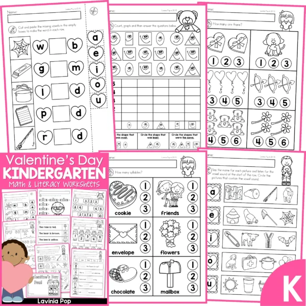 Valentine's Day Kindergarten Worksheets and Activities. CVC Words | Shapes | Counting | Syllables | Short Vowel Sounds