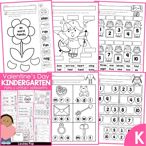 Valentine's Day Kindergarten Worksheets and Activities. Word Families | Label Cupid | Number Words | Beginning Sounds | Number Order