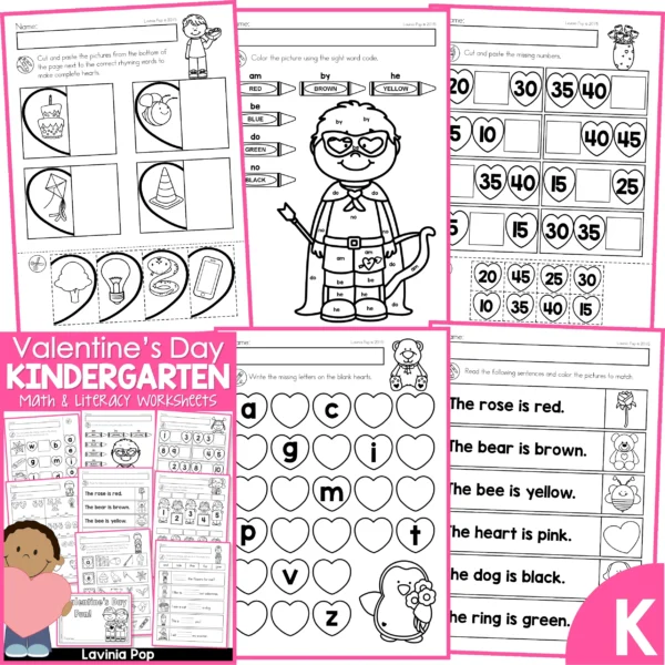 Valentine's Day Kindergarten Worksheets and Activities. Rhyming Words | Sight Words | Skip Counting | Alphabet Sequence | Colors