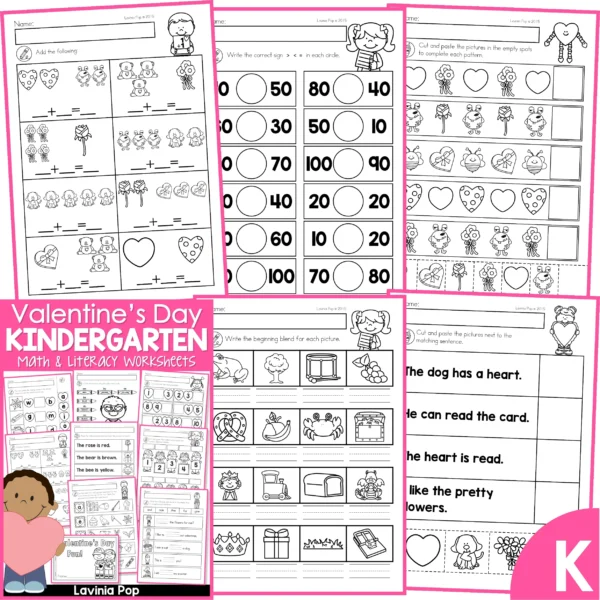 Valentine's Day Kindergarten Worksheets and Activities. Addition with Pictures | Comparing Numbers | Patterns | Beginning Blends | Picture-Sentence Match
