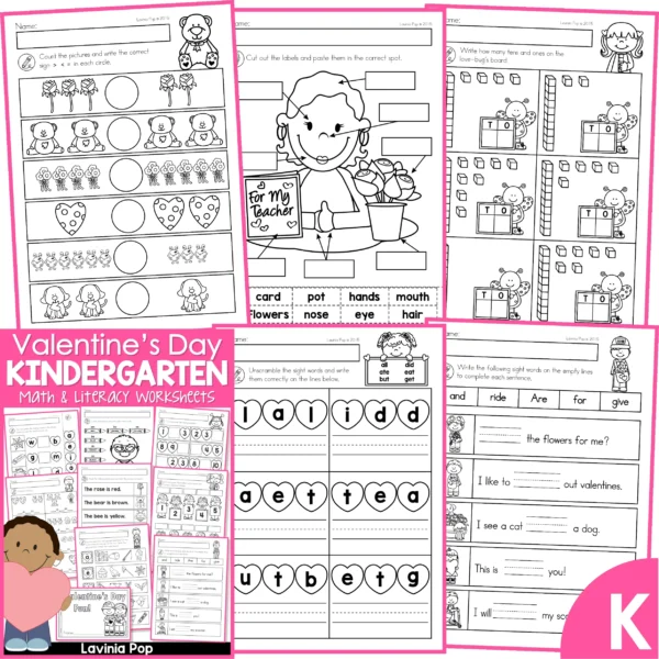Valentine's Day Kindergarten Worksheets and Activities. Comparing Quantities | Label the Teacher | Place Value | Sight Words