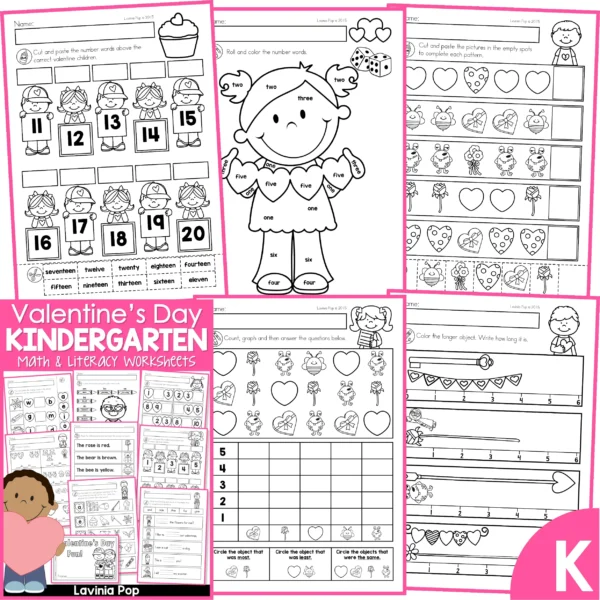 Valentine's Day Kindergarten Worksheets and Activities. Teen Number Words | Number Words | Patterns | Count and Graph | Measuring Length