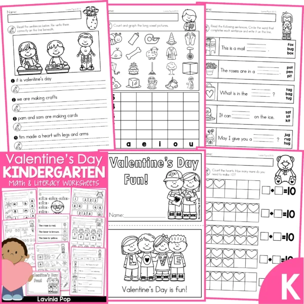 Valentine's Day Kindergarten Worksheets and Activities. Fix the Sentence | Long Vowels | CVC Words | Emergent Reader | Making 10
