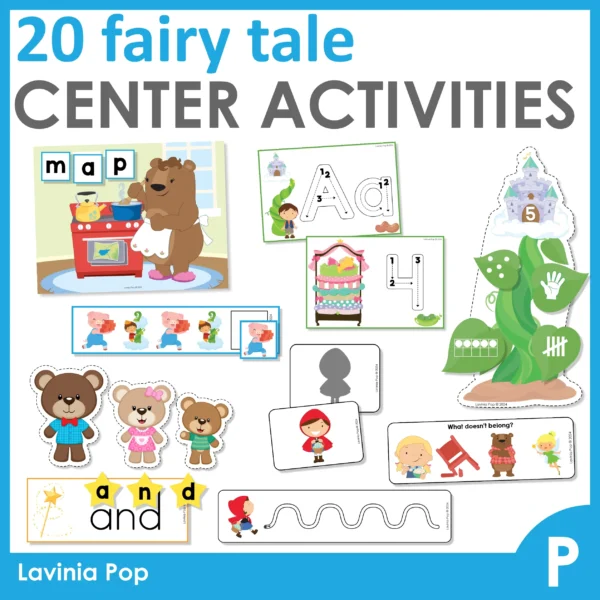 Fairy Tale Day Preschool Centers | 20 printable center activities. Goldilocks and the Three Bears, Jack and the Beanstalk, The Princess and the Pear, Little Red Riding Hood. CVC Words | ALphabet Tracing | Number Tracing | Number Sense | Shadow Matching | Patterns | Sorting by Size | SIght Words | Pre-Writing Tracing | What doesn't Belong?