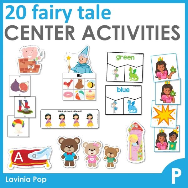 Fairy Tale Day Preschool Centers | 10 printable center activities. Cinderella, The Three Little Pigs, Snow White, Goldilocks and the Three Bears, Rapunzel, Princess and the Frog. Rhyming | Beginning Sounds | Colors | Sequencing | Letter Match | Sorting by Size | Counting |