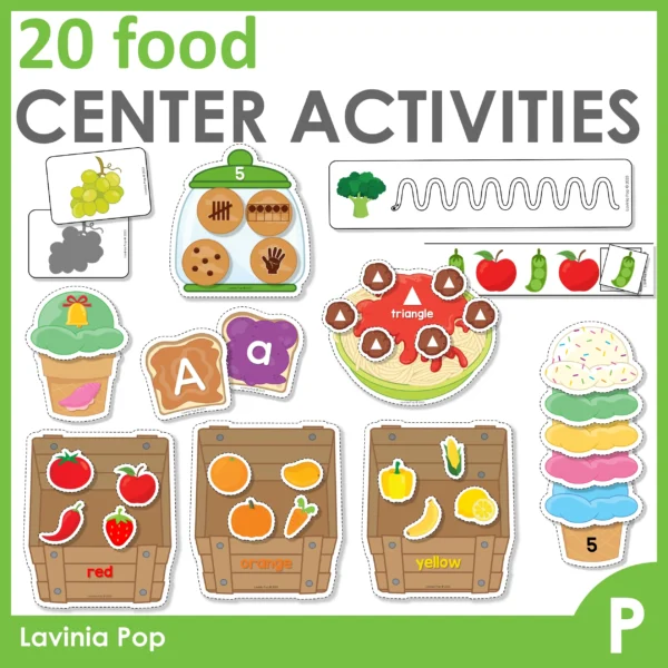 20 Food Center Activities for Preschool | Morning Tubs | Bins. Color sorting | counting | patterns | shapes | upper and lower case letter match | rhyming words | shadow match | number sense | pre-writing