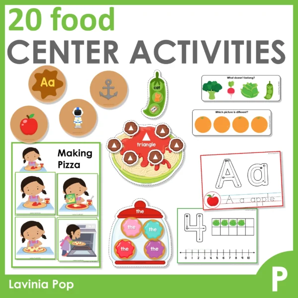 20 Food Center Activities for Preschool | Morning Tubs | Bins. Beginning sounds | sequencing | CVC words | shapes | sight words | alphabet tracing | number tracing | visual discrimination