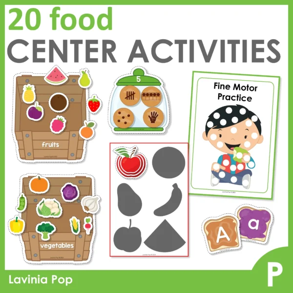 20 Food Center Activities for Preschool | Morning Tubs | Bins. Sorting fruit and vegetables | number sense | size | fine motor practice | upper and lower case letter match