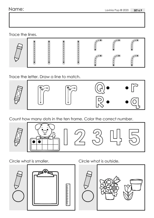 Preschool Morning Work Set 6. This set focuses on: tracing letters and numbers, beginning sounds, counting, size, prepositions.