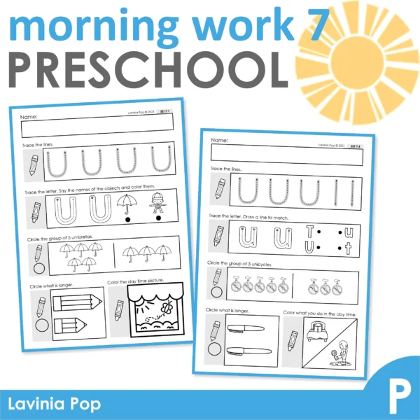 Preschool Morning Work Set 7. This set focuses on: tracing letters and numbers, beginning sounds, counting groups, measuring length, morning and night time activities.