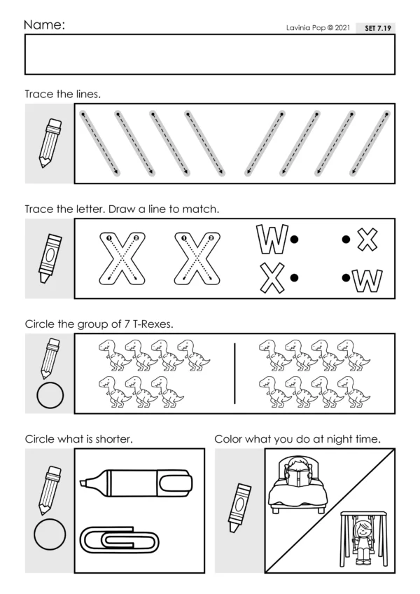 Preschool Morning Work Set 7. This set focuses on: tracing letters and numbers, beginning sounds, counting groups, measuring length, morning and night time activities.