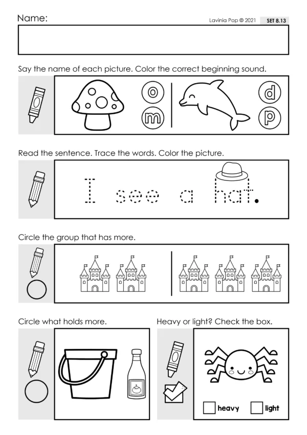 Preschool Morning Work Set 8. This set focuses on: tracing letters and numbers, beginning sounds, counting groups, capacity, weight, reading simple sentences, sight words, CVC words.