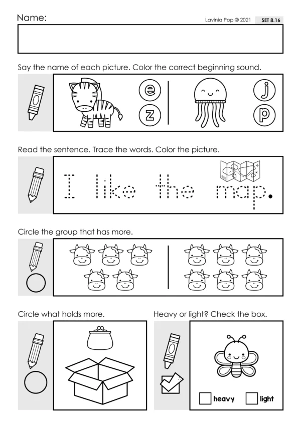 Preschool Morning Work Set 8. This set focuses on: tracing letters and numbers, beginning sounds, counting groups, capacity, weight, reading simple sentences, sight words, CVC words.